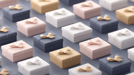 Geometric arrangement of gift boxes in gradient colors, isometric perspective, modern design