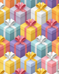 Geometric arrangement of gift boxes in gradient colors, isometric perspective, modern design