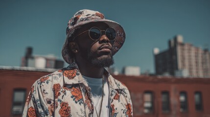 A fashionable man poses confidently in floral clothes basking in the bright sunlight against a city backdrop.