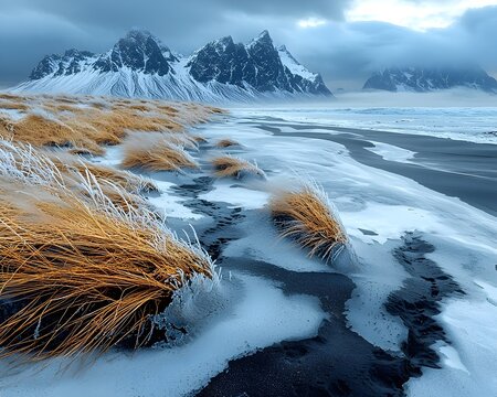 A breathtaking winter landscape featuring rugged mountains in the background, golden grasses swaying in the chilly breeze, and a contrasting dark sandy shore beneath a dramatic sky.