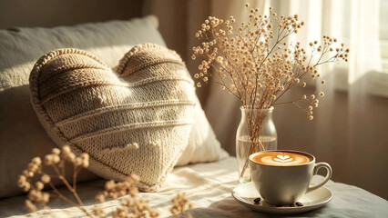 knitted pillow and cup of coffee