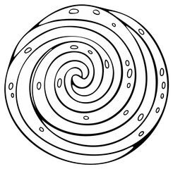 Black and white hypnotic spiral design with small decorative oval shapes