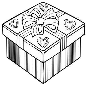Line Art Square Gift Box with Ribbon and Hearts Celebration Present Outline
