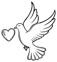 Obraz premium Outline drawing of a dove in flight carrying a heart in its beak