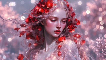 beautiful girl in rose petals in anime style