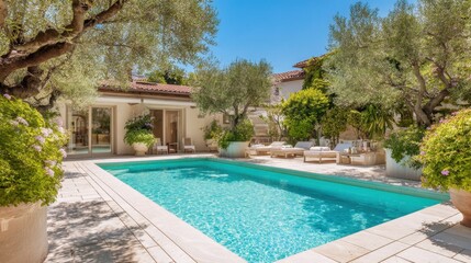 Fototapeta premium Relaxation unfolds by the shimmering pool embraced by vibrant plants and warm sunshine.