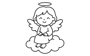 Obraz premium Cute angelic child sitting on cloud outline art with halo and wings
