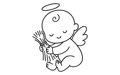 Cute angel baby with halo and wings holding wheat in minimalist outline design