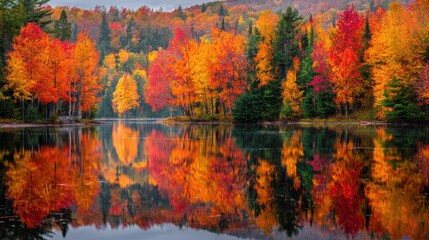 Fototapeta premium Vibrant fall foliage surrounds a serene lake as sunrise casts warm light on the water.