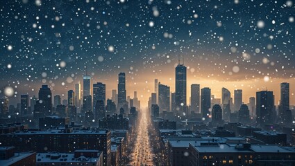 Winter cityscape with falling snow and illuminated city lights at dusk