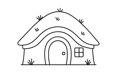 Fototapeta premium Cozy simple cottage with grass roof in minimal outline style