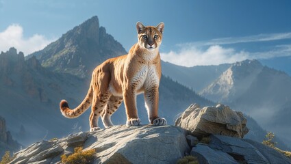Majestic cougar standing proudly on a rocky mountain peak under a clear blue sky