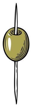 Green olive on a toothpick cartoon illustration for a cocktail garnish or appetizer