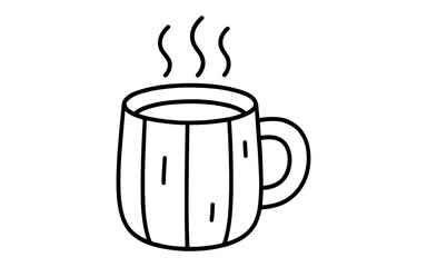Warm beverage in rustic cup with steam icon in minimalist outline style