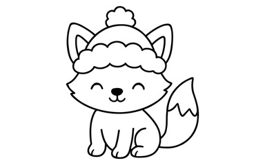 Fototapeta premium Cute fox wearing winter hat in outline style