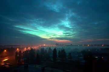 Misty Evening Cityscape Under Blue Sky