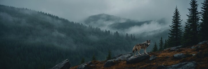 Obraz premium Majestic wolf stands proudly on a rocky outcrop overlooking a misty forest landscape