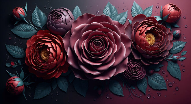 Elegant 3D Plaster Flower Mural with Grand Roses and Peonies in Deep Ruby & Purple Tones