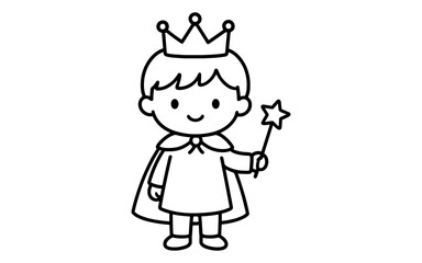 Fototapeta premium Cute cartoon prince with crown and wand in outline style for kids