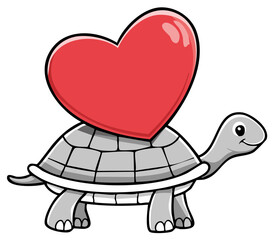 Obraz premium Cute cartoon turtle carrying a big red heart on its shell illustrating slow steady love