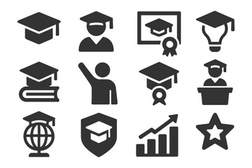 Academic icons set featuring graduation hats, books, and global education symbols.