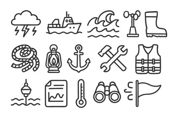 Weather and maritime safety icons: boat, storm, anchor, life vest.