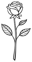 Elegant Rose Flower Illustration with Stem and Leaves in Black and White Style for Coloring Books or Floral Design
