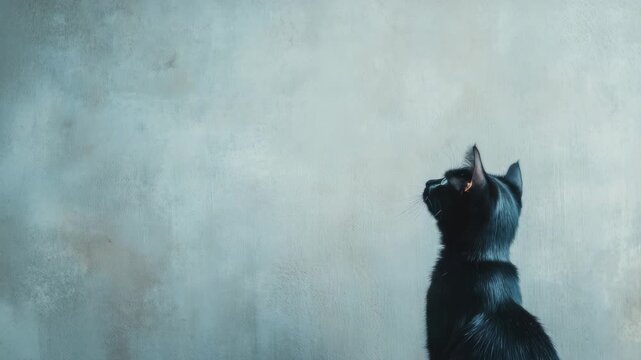 Black cat looking up against gray textured wall
