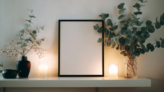 Minimalist Black Frame on White Shelf with Eucalyptus - Powered by Adobe