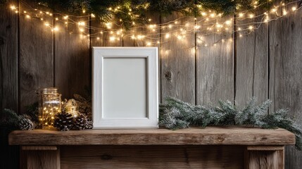 Blank White Frame on Rustic Mantel with Fairy Lights