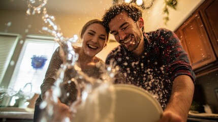 Joyful Couple Enjoying Time Together While Washing Dishes at Home