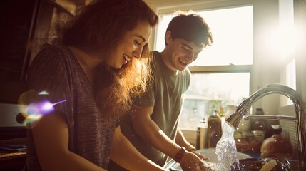 Joyful couple washing dishes in sunlight at home kitchen scene