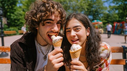 Young couple enjoying ice cream in sunny park setting together