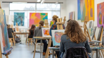 Art Class in Studio with Students Painting on Canvases Together