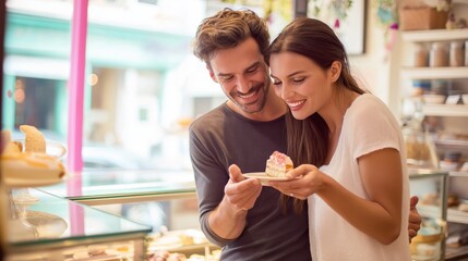 Joyful Couple Enjoying Dessert Together in Cozy Bakery Setting