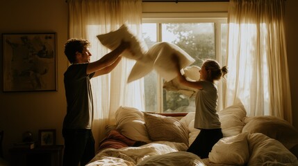 Cozy Pillow Fight Between Friends in Sunlit Bedroom