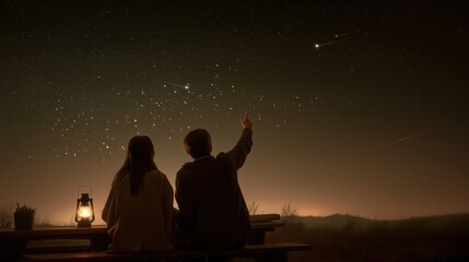 Romantic Couple Stargazing Under a Clear Night Sky with Lantern