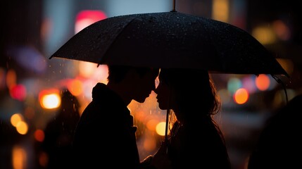 Romantic Couple Under Umbrella Kissing in Rainy City Lights Night