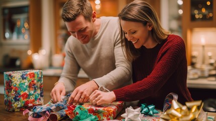 Joyful Couple Wrapping Gifts Together in Cozy Holiday Setting