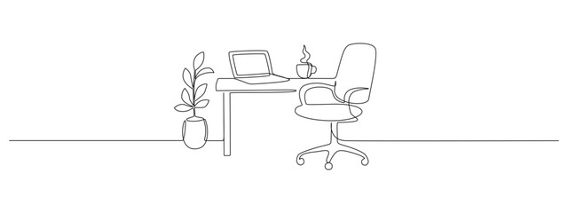 Naklejka na ściany i meble One continuous line drawing captures a modern office interior with desk, chair, and workspace details in minimalist sketch art style for creative home design projects. Doodle vector illustration