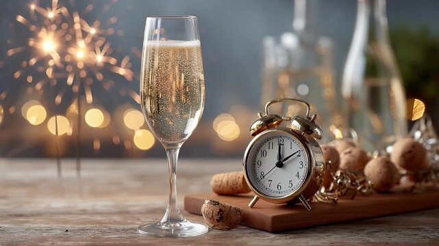 Festliche Silvesterszene mit Uhr und Sektglas im warmen Lichterglanz