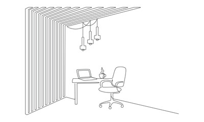 Continuous one line drawing of modern workspace featuring chair, table, computer setup. Minimalist sketch illustration with linear style of contemporary business interior design. Doodle illustration