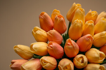 a bouquet of tulips made from eco-friendly materials for Mother's Day, Valentine's Day, or a birthday. flowers on a beige background. space for text