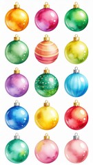 Obraz premium Set of Colorful Watercolor Christmas Balls Isolated on White Background – Holiday Ornament Collection