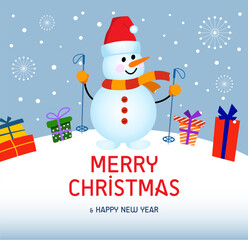 Merry Christmas and happy New Year. Santa Claus puts gifts in Christmas tree of a bag. Christmas greeting card. Vector Illustration.