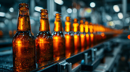 Bottles of beer on an assembly line in a brewery during production