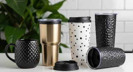 Assorted travel mugs and coffee cups collection