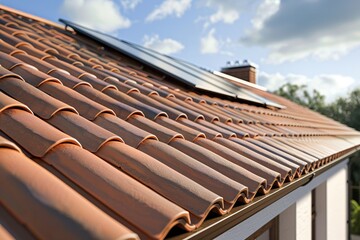 Solar panels are mounted on a terracotta tiled roof of a house under a clear blue sky with fluffy clouds, highlighting a sustainable energy solution