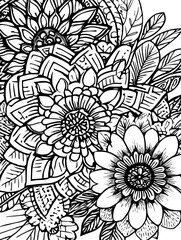 Floral Mandala Coloring Design Featuring Detailed Symmetrical Petals for Relaxing Creative Art Therapy Sessions