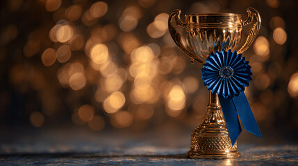 A golden trophy cup with a blue ribbon on a glowing background, representing achievement and recognition in a celebratory atmosphere.
